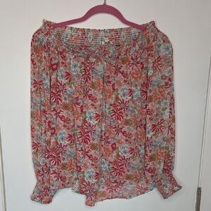 Umgee Coral and Light Blue Floral Off-Shoulder Blouse